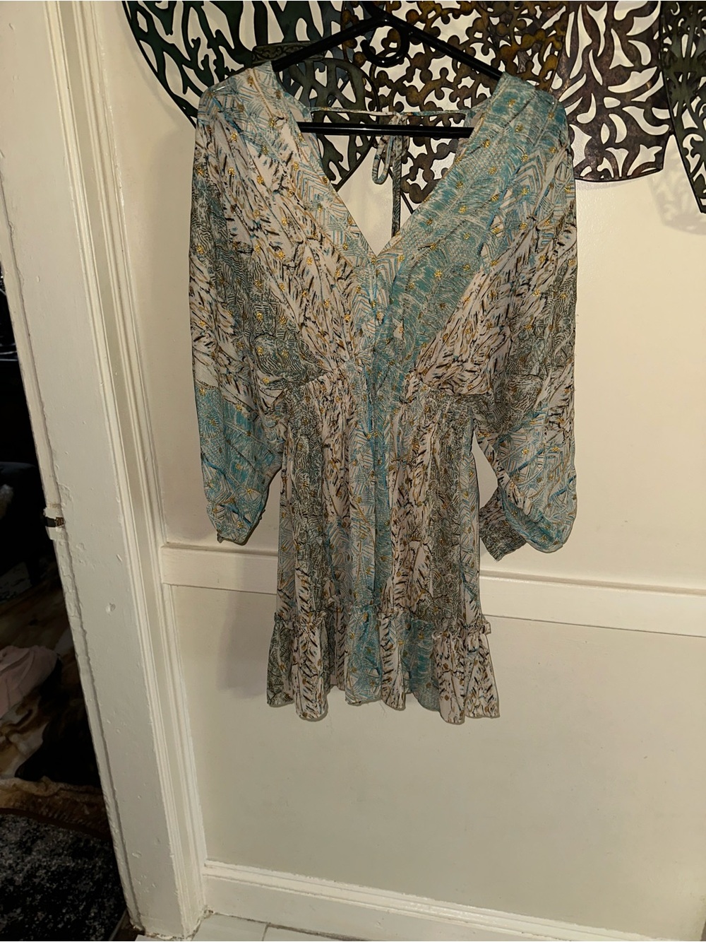 Boho V-Neck Mini Dress in Teal and Cream